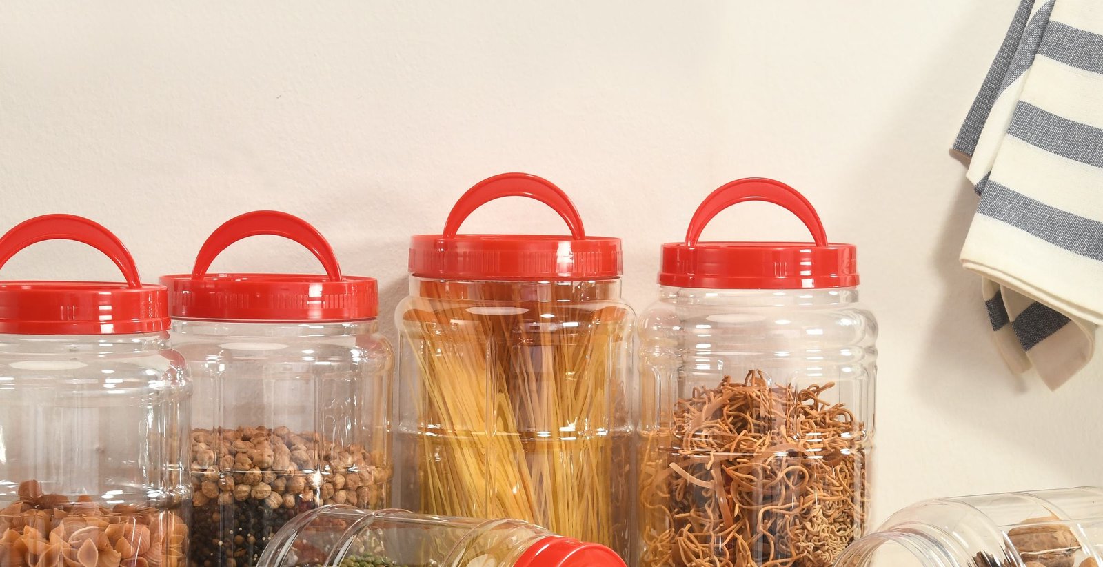 PET handle jars filled with pasta, beans and nuts