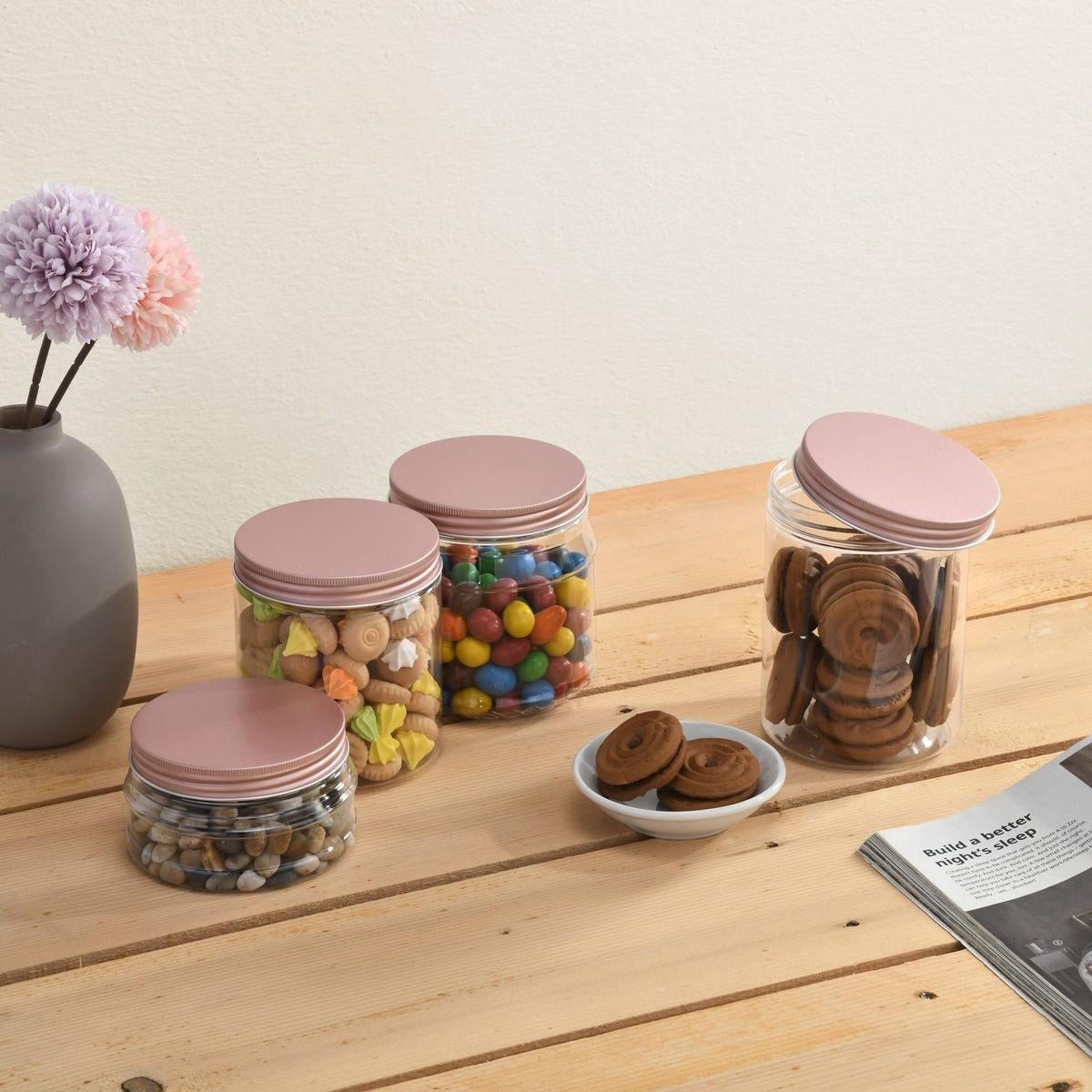 PET jars with rose gold aluminium caps