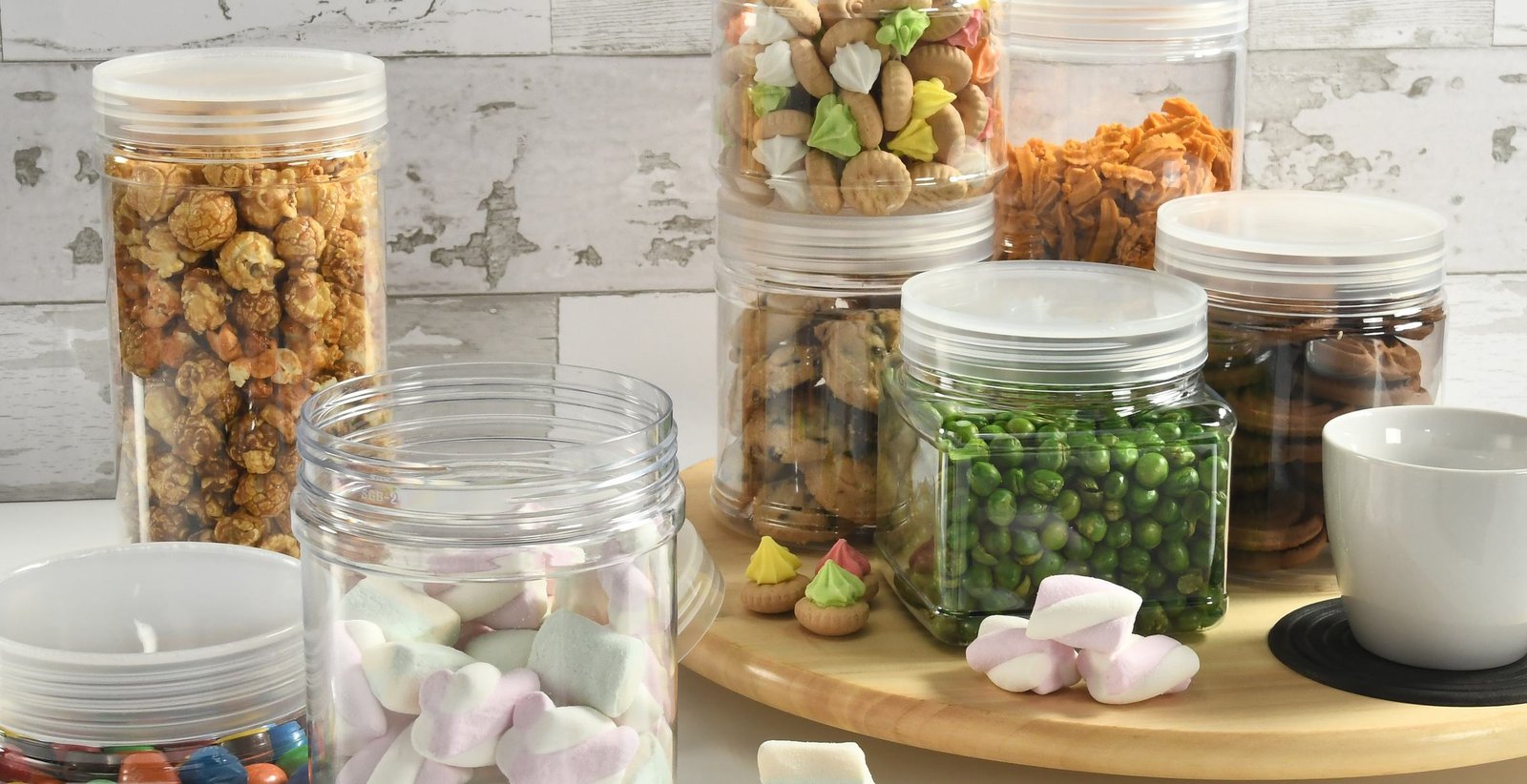 PET jars filled with snacks